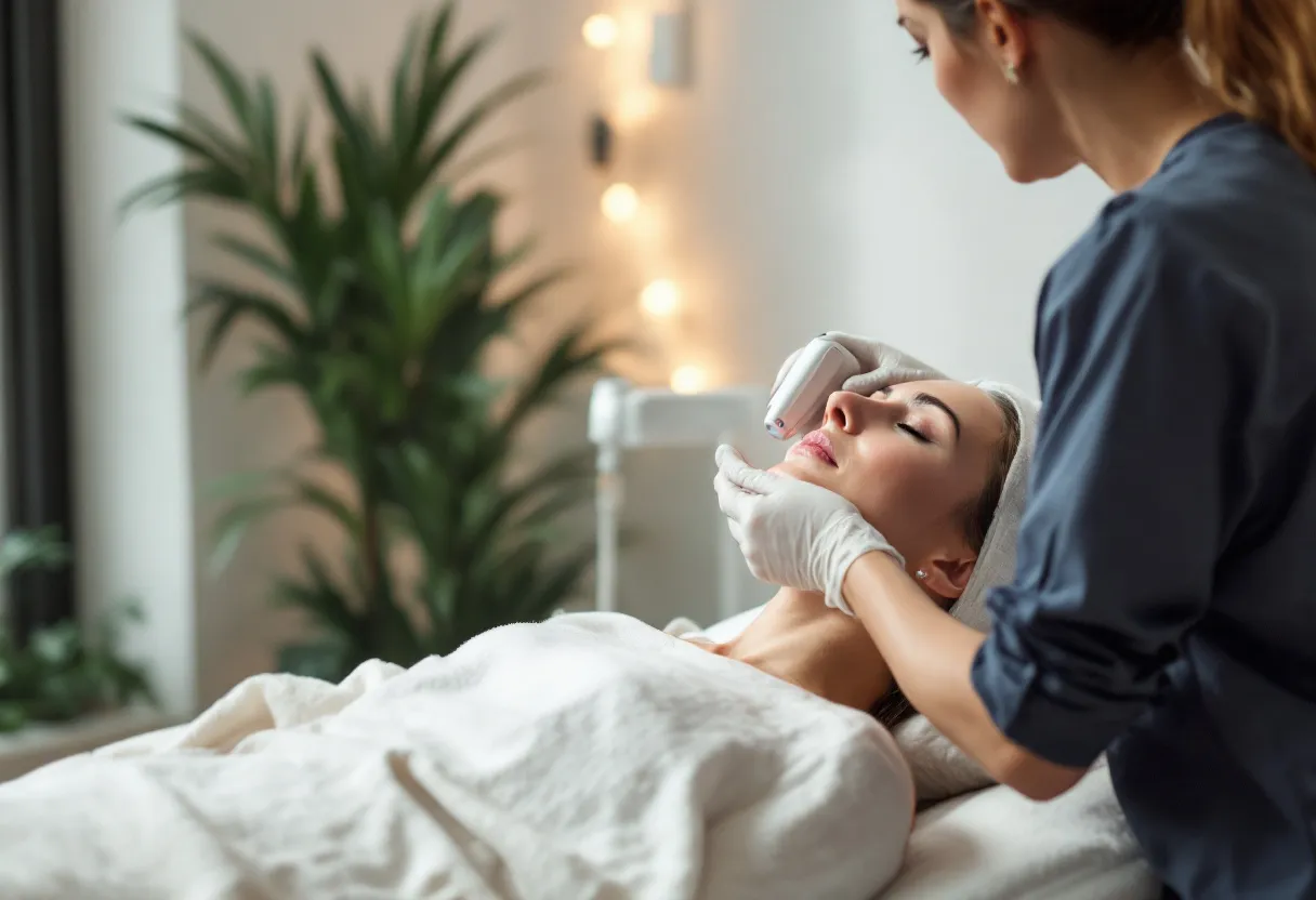 Een vrouw van middelbare leeftijd zit op een behandeltafel terwijl een huidtherapeute met handschoenen een laserbehandeling op haar bovenbeen uitvoert in een strakke, lichte kliniekruimte met een plant op de achtergrond.