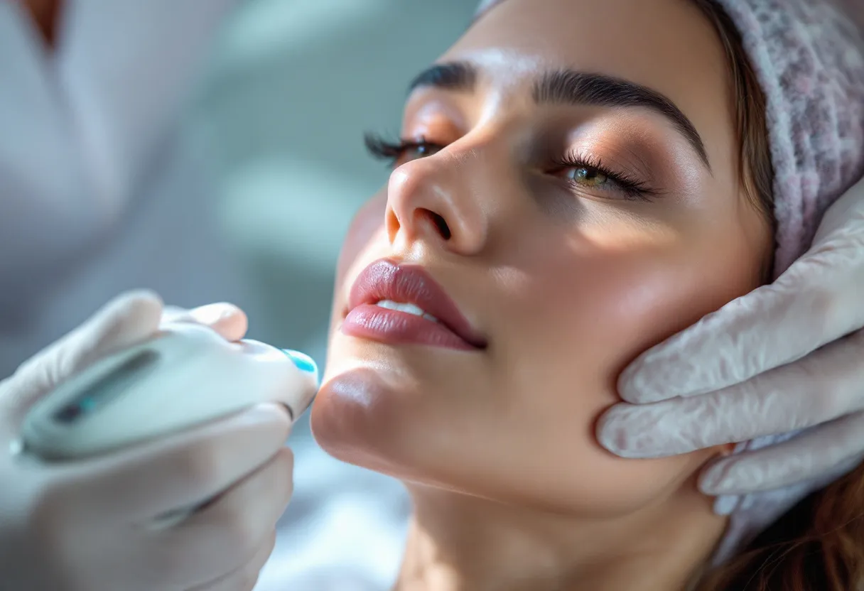 Een close-up van een vrouwelijk gezicht tijdens een huidverbeteringsbehandeling met een laserapparaat in een moderne Belgische kliniek, met zachte belichting en steriele omgeving.