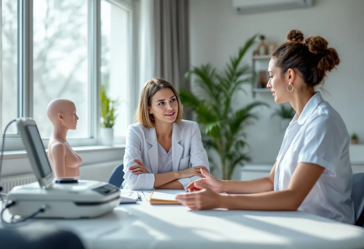 Een heldere, moderne kliniekruimte met een specialist die uitleg geeft over niet-chirurgische vetreductiemethoden aan een geïnteresseerde cliënt, met een model van het menselijk lichaam en een veilig medisch apparaat op de tafel.