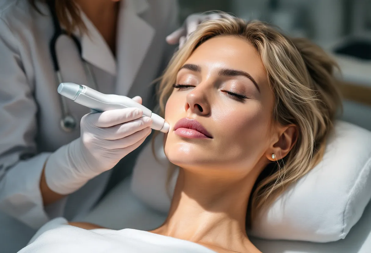 Een fotorealistische scène in een Belgische esthetische kliniek: een vrouw van middelbare leeftijd ondergaat comfortabel een cryolipolyse-behandeling op haar buik, een specialist in witte jas plaatst de applicator, zachte verlichting en een serene sfeer.