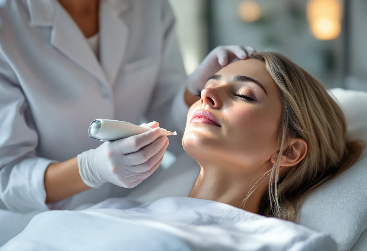 Een fotorealistische scène in een Belgische esthetische kliniek: een vrouw van middelbare leeftijd ondergaat comfortabel een cryolipolyse-behandeling op haar buik, een specialist in witte jas plaatst de applicator, zachte verlichting en een serene sfeer.