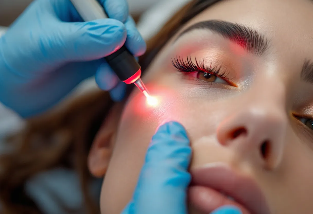 Close-up van een vrouwengezicht tijdens een laserbehandeling in een moderne Belgische kliniek, met een dermatoloog die de laser nauwkeurig richt op de wang, een zacht laserlicht en beschermende bril zichtbaar.