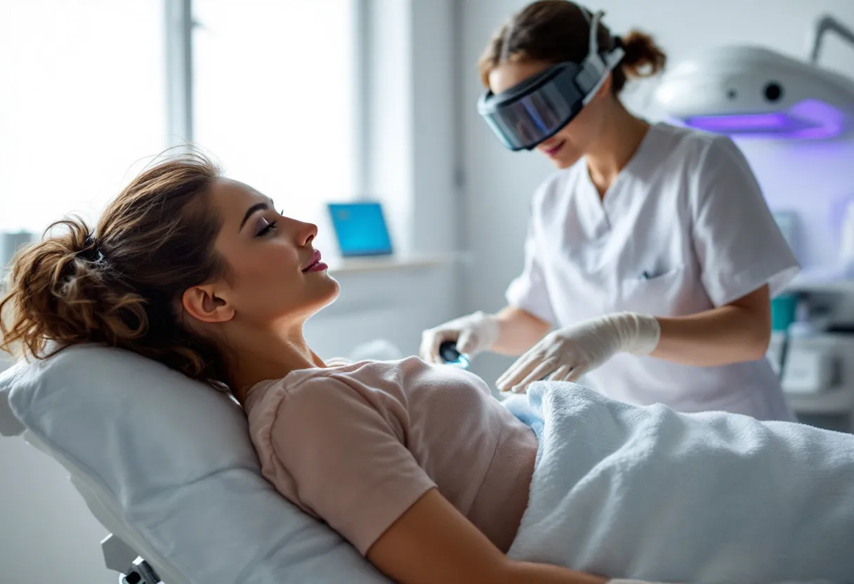 Een lichte, moderne behandelkamer met een vrouw die op een behandeltafel ligt en een cryolipolyse-apparaat onder haar kin ontvangt, terwijl een arts in witte jas het proces begeleidt, met zichtbare medische apparatuur op de achtergrond.