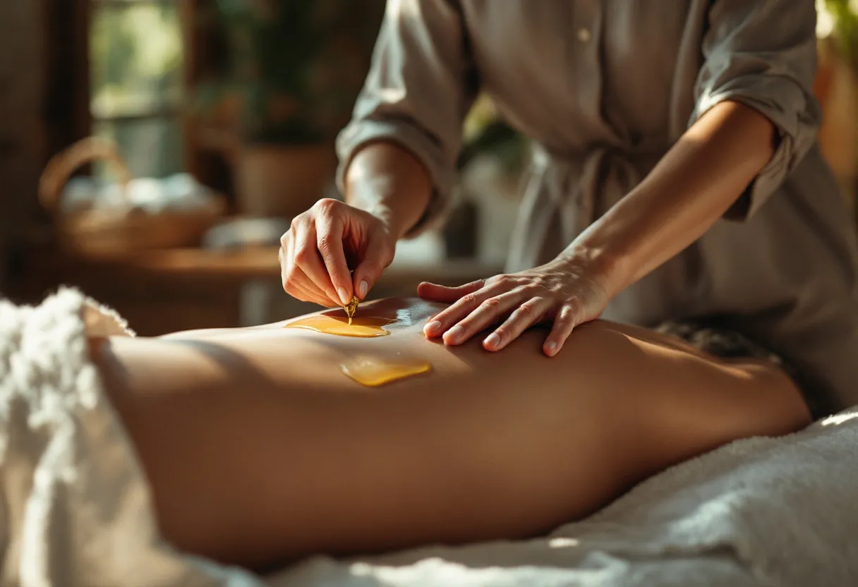 Een vrouw in lichte kleding die met een massageborstel in cirkelbewegingen een olie op haar bovenbeen aanbrengt, omringd door een rustige, natuurlijke setting met veel daglicht.