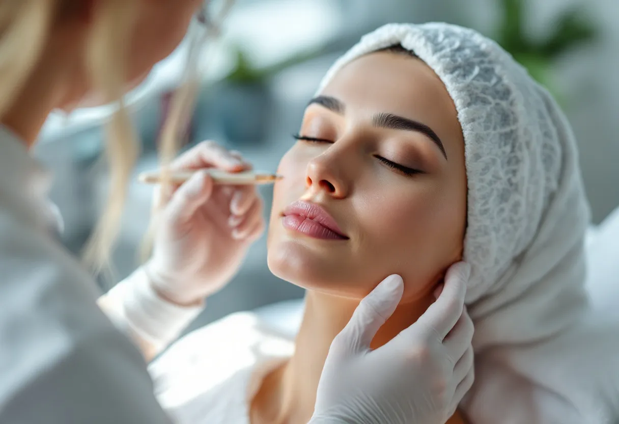 Een dermatoloog in witte jas brengt nauwkeurig een transparante peelingsoplossing aan op de wang van een vrouw met een fijn penseel, terwijl helder klinieklicht de gezichtscontouren zacht accentueert en de omgeving steriel en rustgevend oogt.