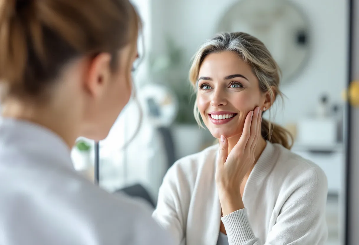 Een vrouw van middelbare leeftijd bekijkt haar gezichtshuid in een spiegel in een lichte, moderne esthetische kliniek, terwijl een specialist naast haar staat en uitleg geeft.