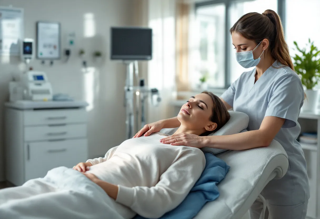 Een lichte behandelkamer waar een professional een cryolipolyse handstuk op de buik van een comfortabel liggende vrouw aanbrengt, met op de achtergrond een strak interieur en medische certificaten aan de muur.