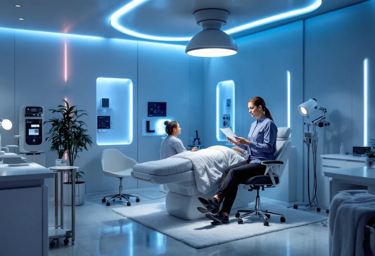Een realistische foto van een moderne cryolipolyse behandelkamer met een ergonomisch behandelsysteem, zachte verlichting en een specialist die een consultatiedocument doornemt met een cliënt.