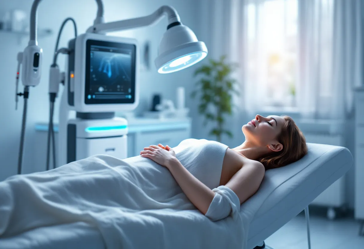 Een fotorealistische foto van een serene behandelkamer met een modern cryolipolyse-apparaat dat op de buik van een liggende patiënt wordt geplaatst, zachte natuurlijke verlichting en een rustgevende klinieksetting.