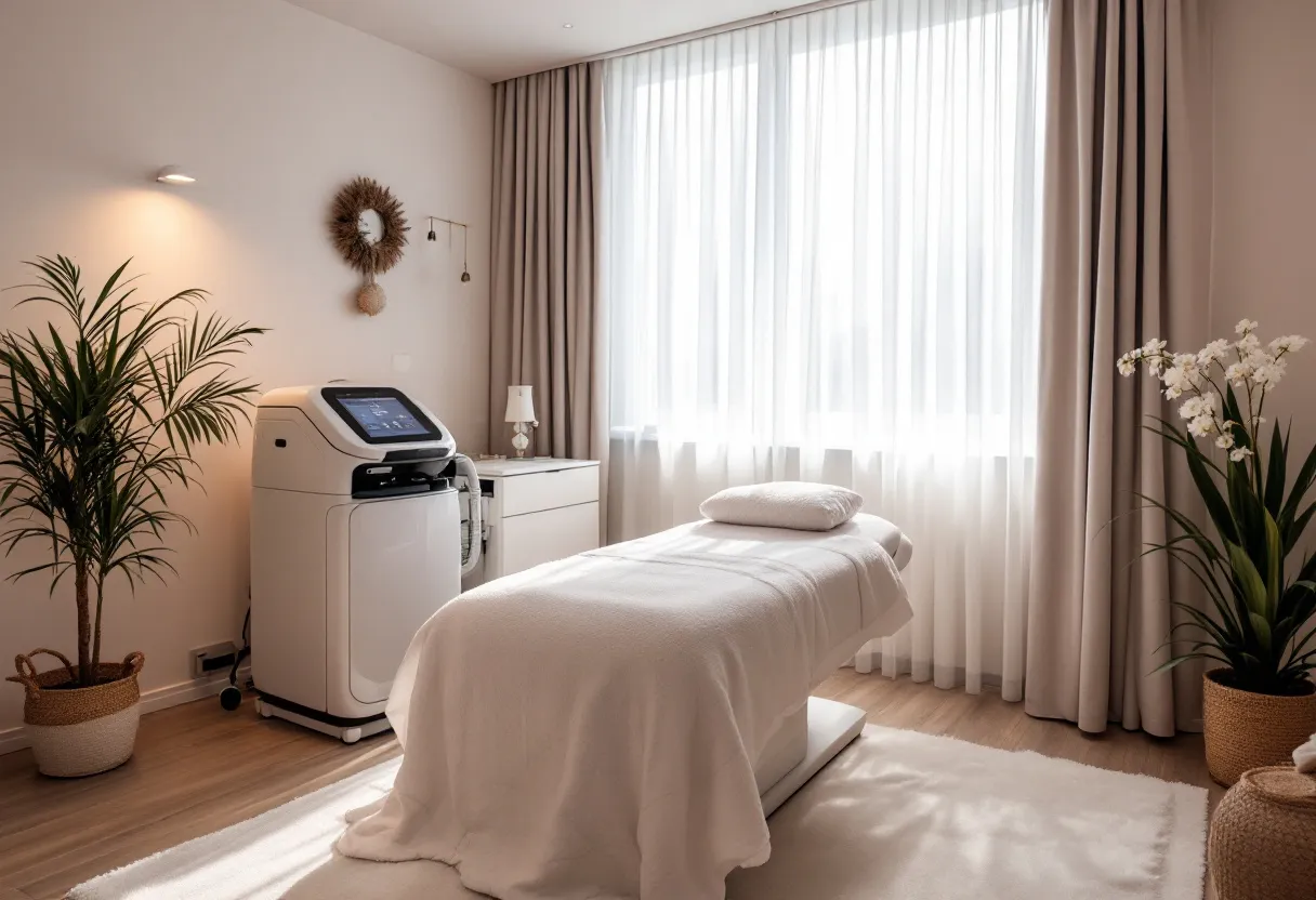 Een serene behandelkamer met een modern wit cryolipolyse-apparaat naast een comfortabele behandeltafel, zachte verlichting en een rustgevende spa-sfeer in een Belgische kliniek.