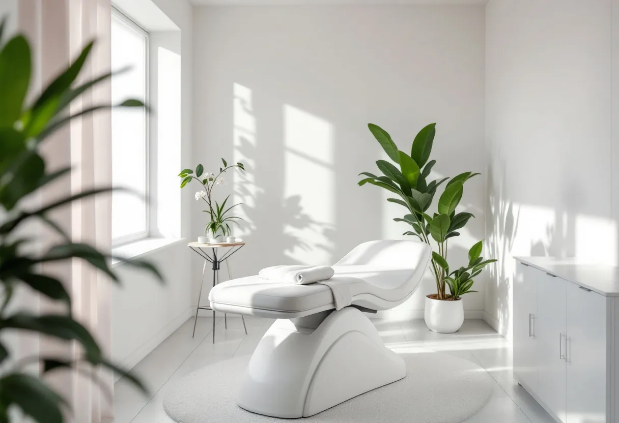 Een lichte, moderne behandelruimte in een Belgische afslankkliniek met een witte behandeltafel, een strak design en een groene plant, klaar voor een cryolipolyse-sessie bij een professionele huidtherapeut.