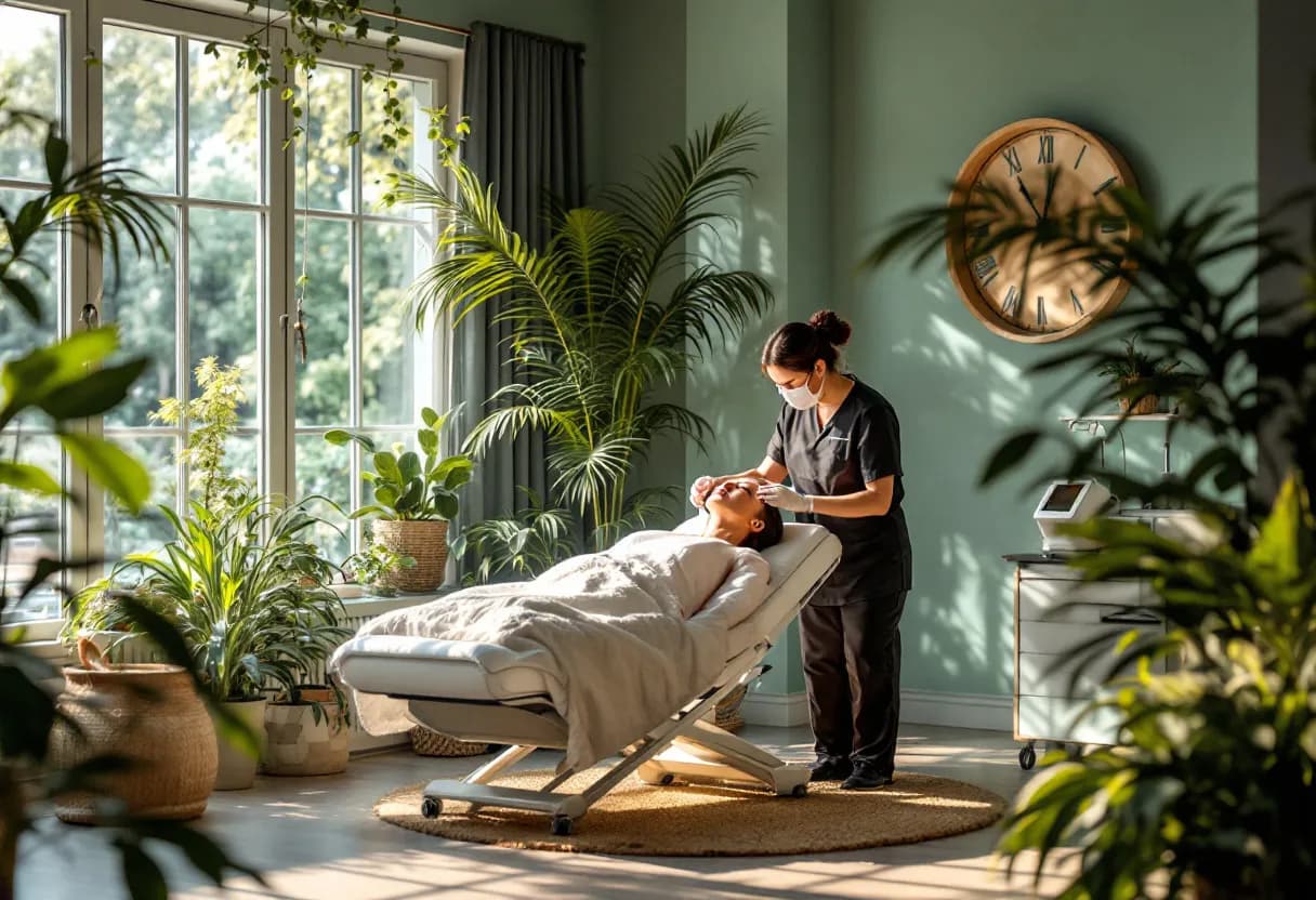 Een serene esthetische kliniek in Vlaanderen waar een zorgvuldige behandelaar een cryolipolyse-apparaat op de buik van een ontspannen cliënt plaatst, omringd door groene planten en warm zacht licht dat door een groot raam valt.
