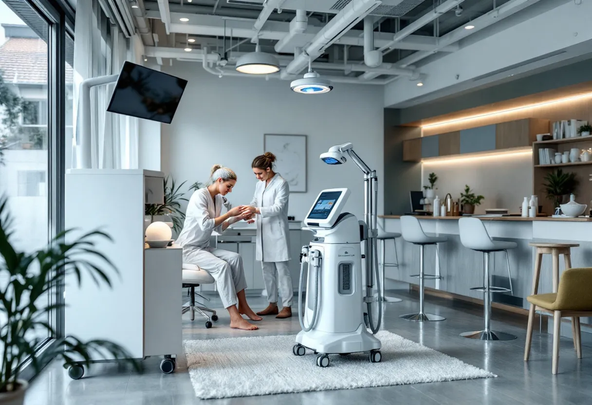 Een moderne esthetische kliniek in België met een cryolipolyse-apparaat op de voorgrond, terwijl een specialist een behandelzone op de buik van een cliënt markeert.