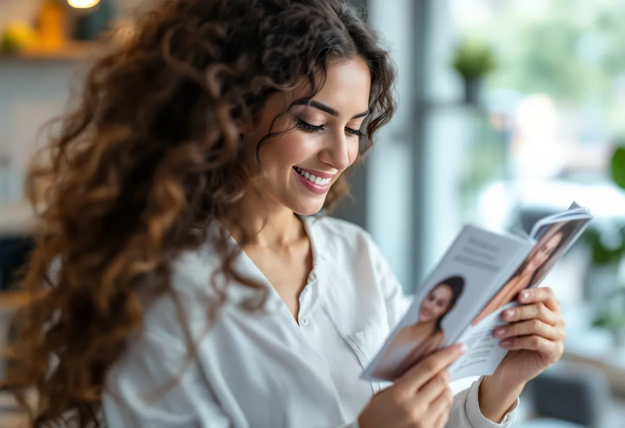 Een vrouw bestudeert een brochure met verschillende afslankbehandelingen in een lichte kliniekreceptie in Antwerpen.