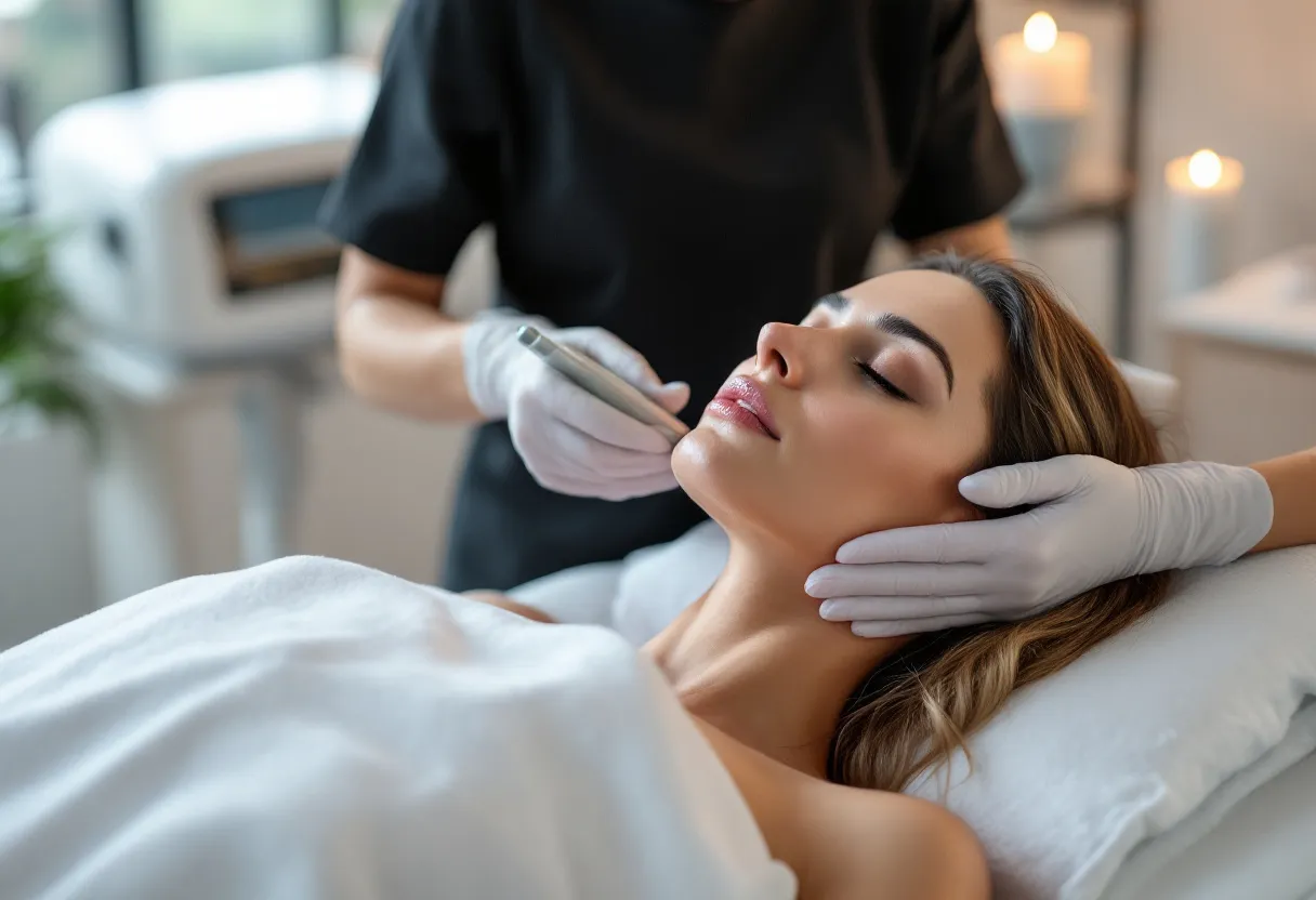 Een vrouw ligt comfortabel op een behandeltafel terwijl een esthetisch specialist een cryolipolyse-apparaat op haar buik plaatst, in een moderne kliniek met zachte verlichting.
