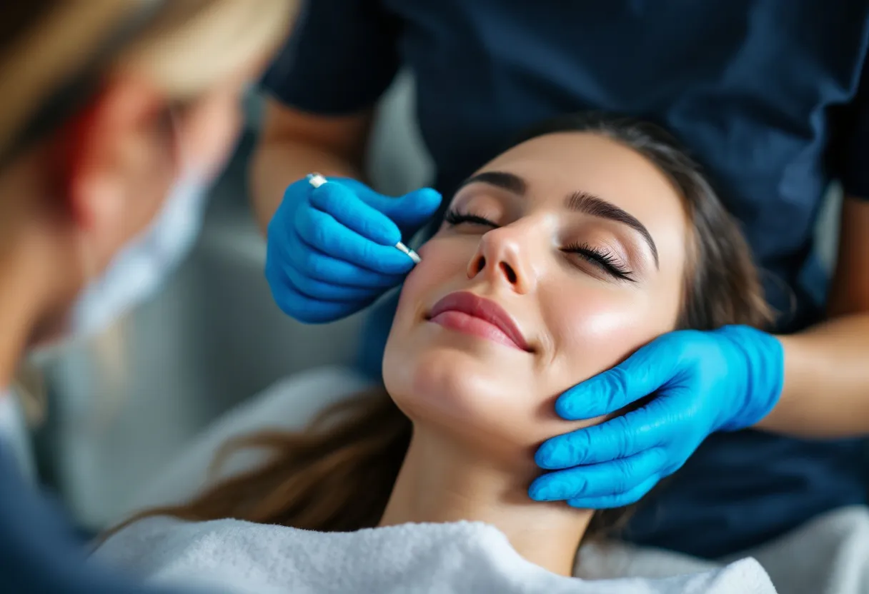 Een vrouw van in de dertig met een ontspannen, stralende huid ondergaat een microneedling-behandeling in een lichte, moderne kliniek in België, terwijl een zorgvuldige arts met blauwe handschoenen een steriele dermapen over haar jukbeenderen beweegt.