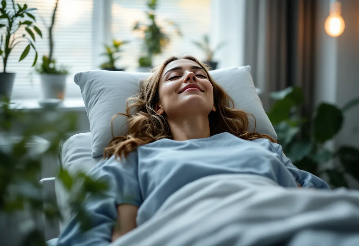 Een realistische foto van een vrouw die een niet-invasieve buikvetbehandeling ondergaat met een groot koelapparaat geplaatst op haar onderbuik, terwijl ze comfortabel ligt in een moderne, heldere klinische ruimte.