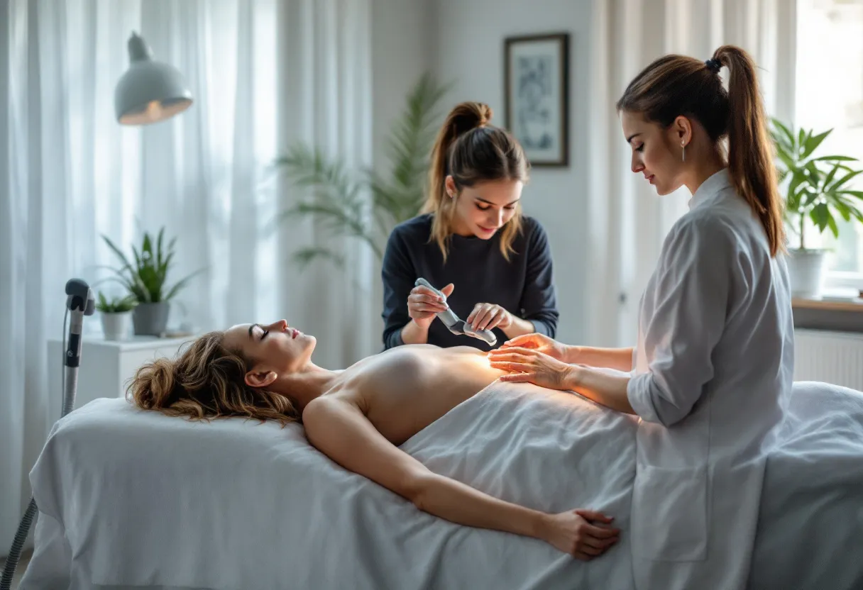 Een serene behandelkamer waar een therapeut een vrouw behandelt met een cryolipolyse-apparaat op haar buik, met zachte verlichting en een minimalistisch interieur.