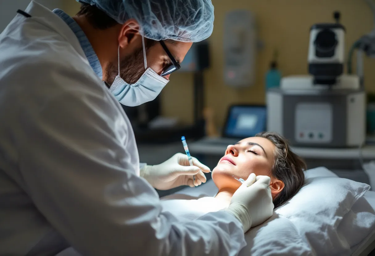 Een medische professional in een Belgische kliniek bereidt een PRP-injectie voor met een centrifuge en injectiespuit, omringd door een rustige behandelomgeving.
