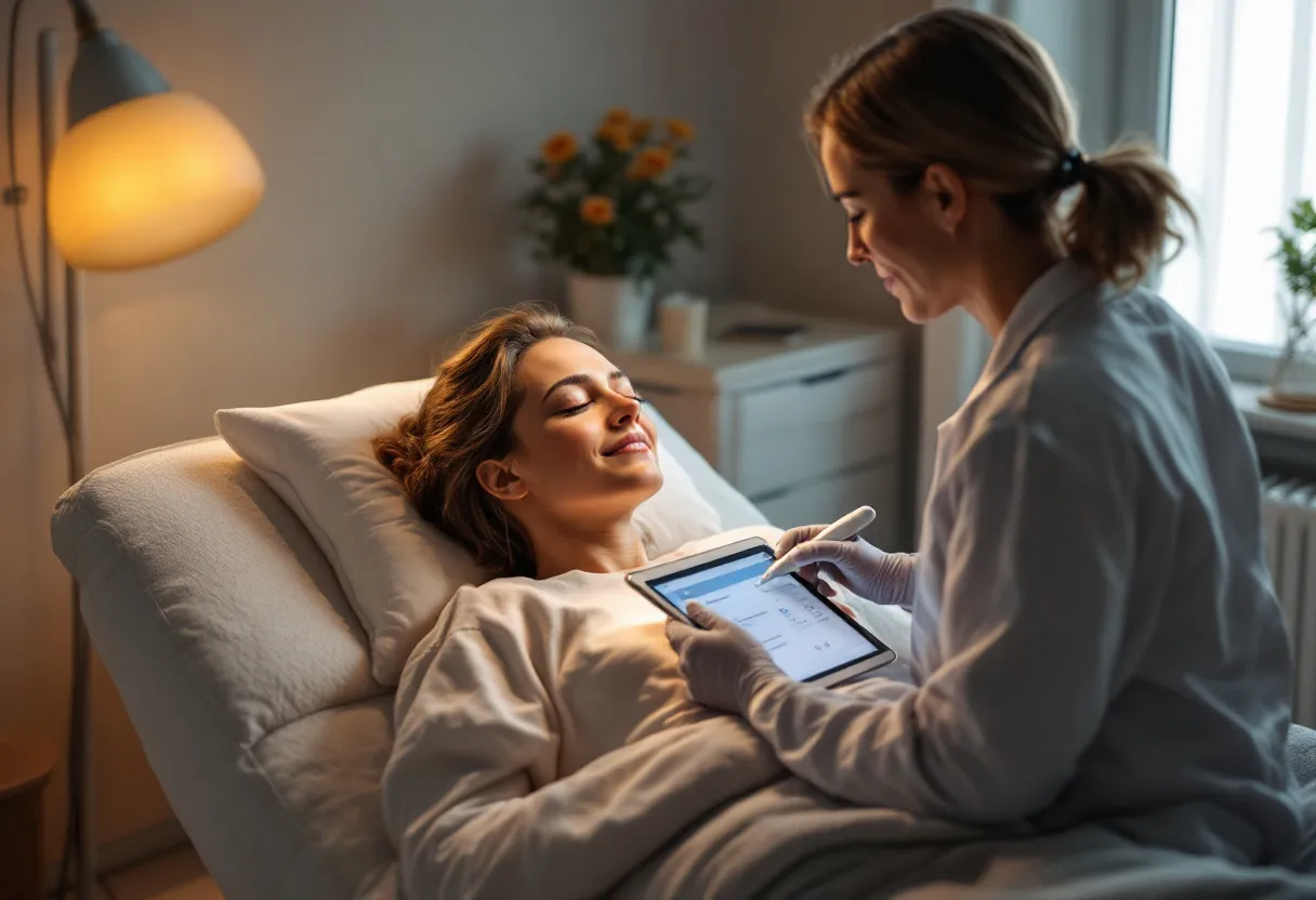 Een lichte behandelkamer met een cliënt die ontspannen ligt terwijl een specialist een cryolipolyse-applicator op de buik plaatst, met een tablet waarop de instellingen zichtbaar zijn.