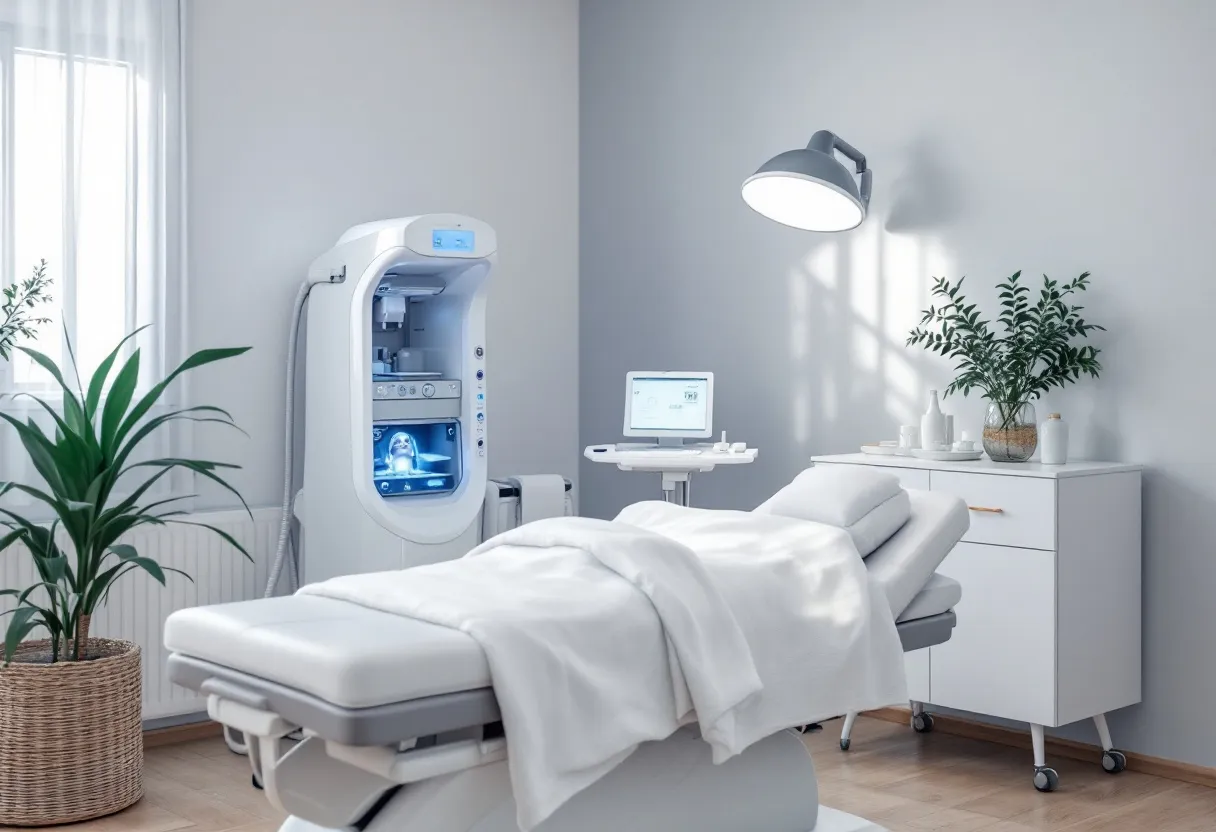 Een serene behandelkamer in een Belgische esthetische kliniek met een modern cryolipolyse-apparaat en een comfortabele behandeltafel, terwijl zacht licht door het raam valt.
