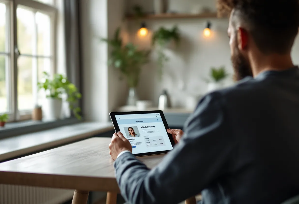Een persoon zit aan een lichte tafel met een tablet waarop een vergelijkingspagina van afslankbehandelingen openstaat, op de achtergrond een rustige, moderne kliniekinterieur in België.