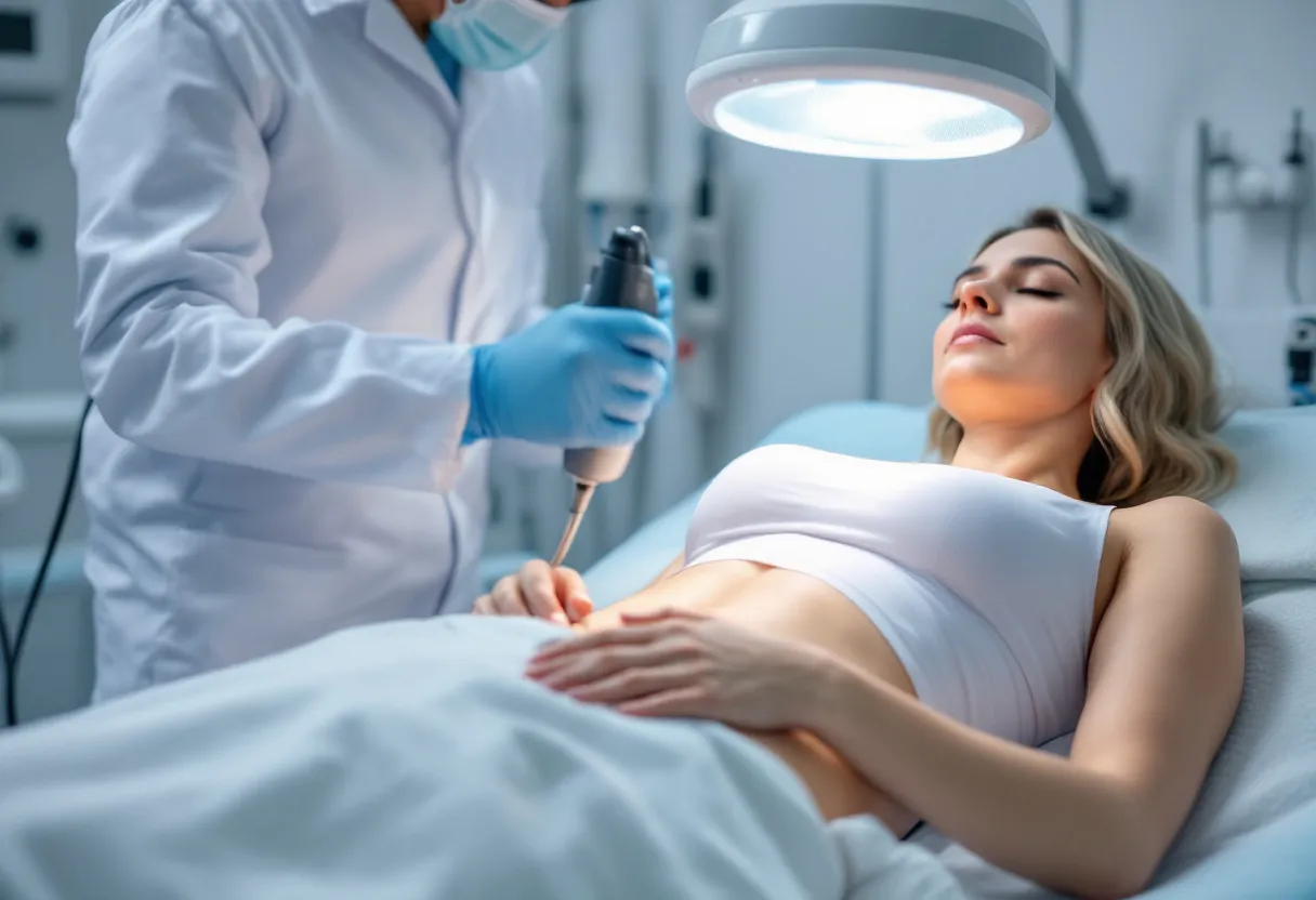 Een fotorealistische foto van een vrouw die een cryolipolyse behandeling ondergaat op haar buik in een moderne Belgische kliniek, terwijl een specialist het apparaat bedient.