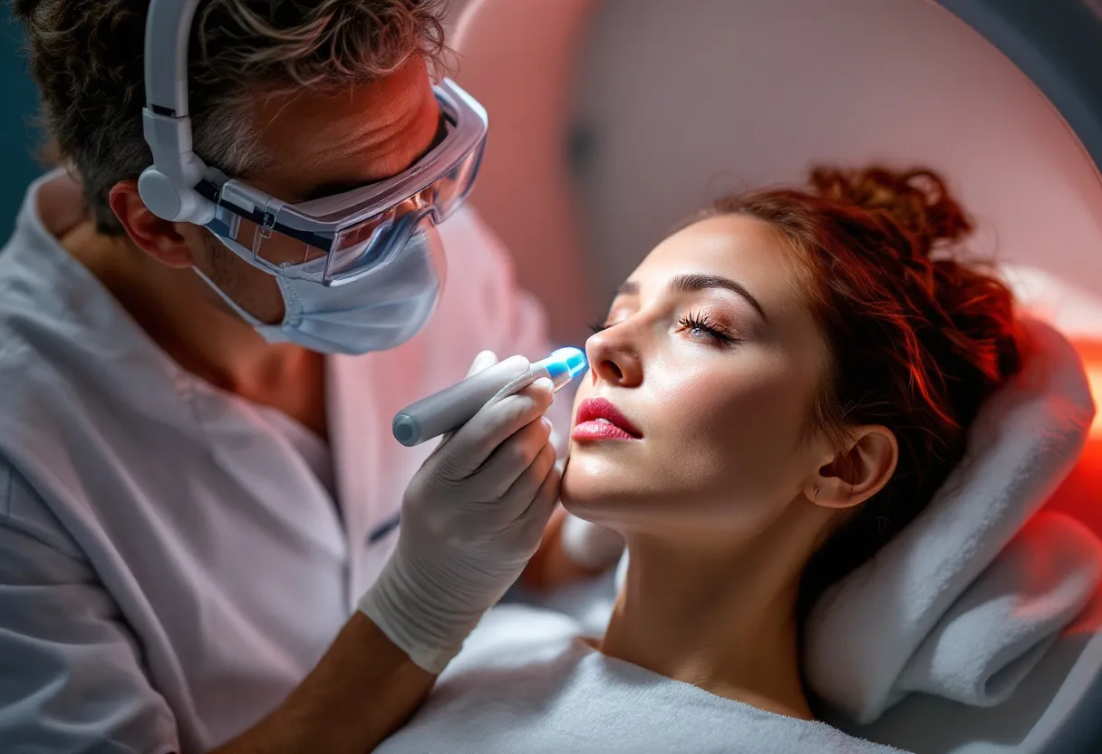 Een ervaren dermatoloog in een steriele, helder verlichte kliniek in Gent behandelt met een moderne CO2-laser de fijne lijntjes rond de ogen van een vrouwelijke patiënt.