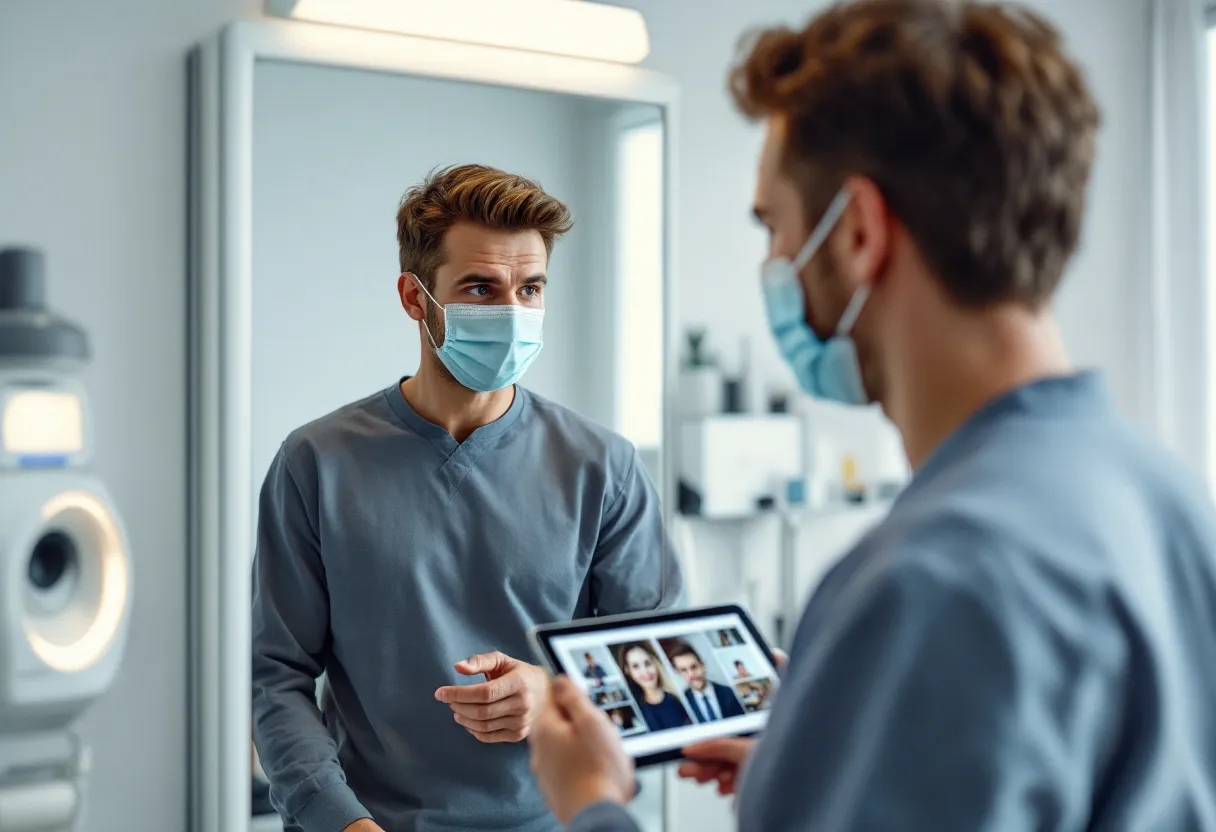 Een realistische foto van een persoon die voor een spiegel staat en kritisch naar zijn kin kijkt, met op de achtergrond een lichte, moderne behandelkamer waarin een specialist een tablet met voorbeeldfoto's vasthoudt.