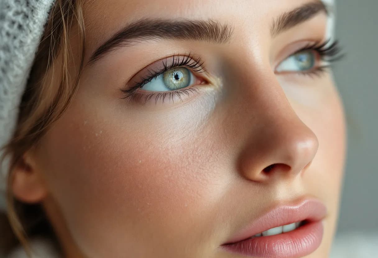 Een fotorealistische close-up van een vrouwengezicht voor en na een rimpelbehandeling, met zichtbare vermindering van kraaienpootjes en lachlijnen, zonder make-up, in een neutrale studio-omgeving.