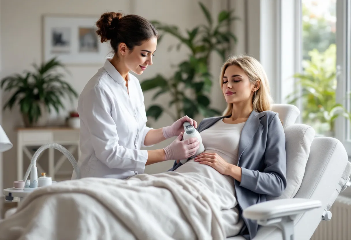 Een vrouw in een moderne kliniek ontvangt een niet-invasieve afslankbehandeling. Een therapeut plaatst een koelapplicator op haar buik terwijl ze ontspannen op een ergonomische stoel ligt. Natuurlijk licht valt door een raam op een opgeruimde, stijlvolle kamer.