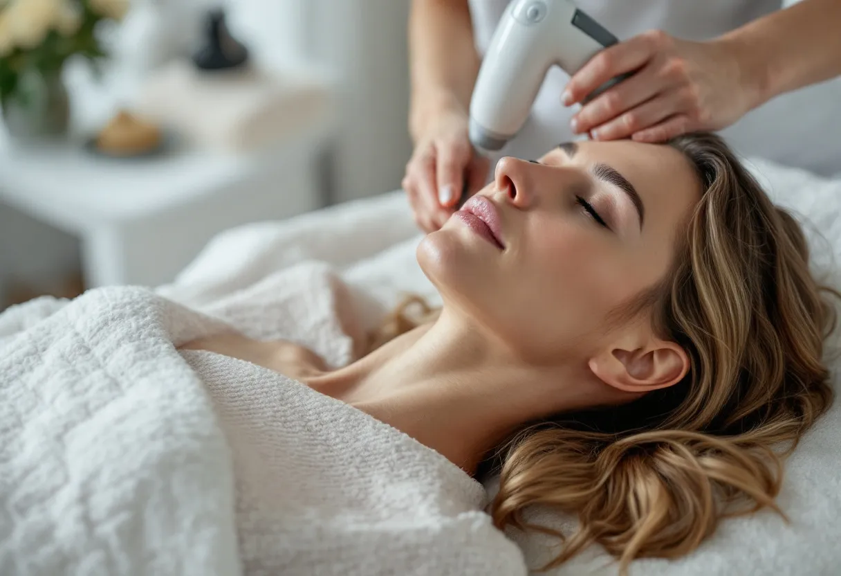 Een vrouw van achter dertig ligt in een heldere Belgische esthetische kliniek op een behandeltafel terwijl een therapeut met een handapparaat met zuignappen haar dijbeen behandelt, met zacht daglicht dat door een raam valt en een subtiele cellulite-textuur zichtbaar op de huid.