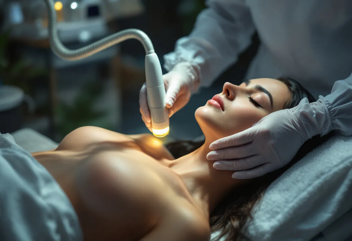 Een fotorealistische close-up van een moderne esthetische behandelkamer waar een specialist een niet-chirurgisch vetreductieapparaat op de buik van een ontspannen liggende cliënt plaatst, met zachte verlichting en medische precisie.
