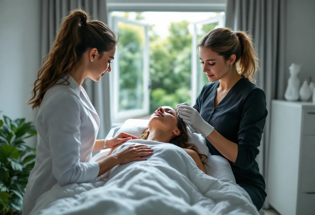 Een vrouw in een lichte, moderne behandelkamer ondergaat een cellulitebehandeling met radiofrequentie op haar bovenbenen, onder begeleiding van een rustige, professionele huidtherapeut. Op de achtergrond is een raam met uitzicht op een groene tuin zichtbaar.