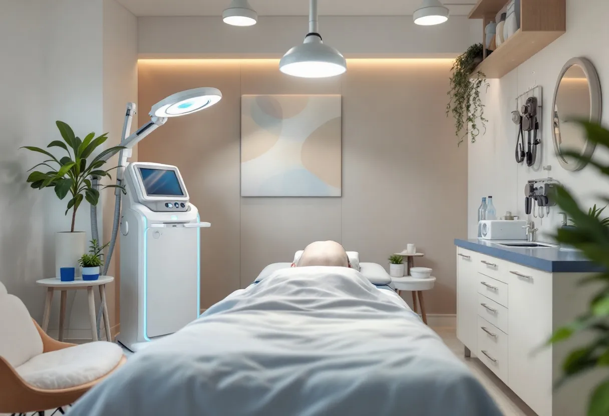 Een moderne, lichte behandelkamer met een geavanceerd cryolipolyse-apparaat naast een comfortabele behandeltafel, zachte verlichting en een steriele, professionele uitstraling.