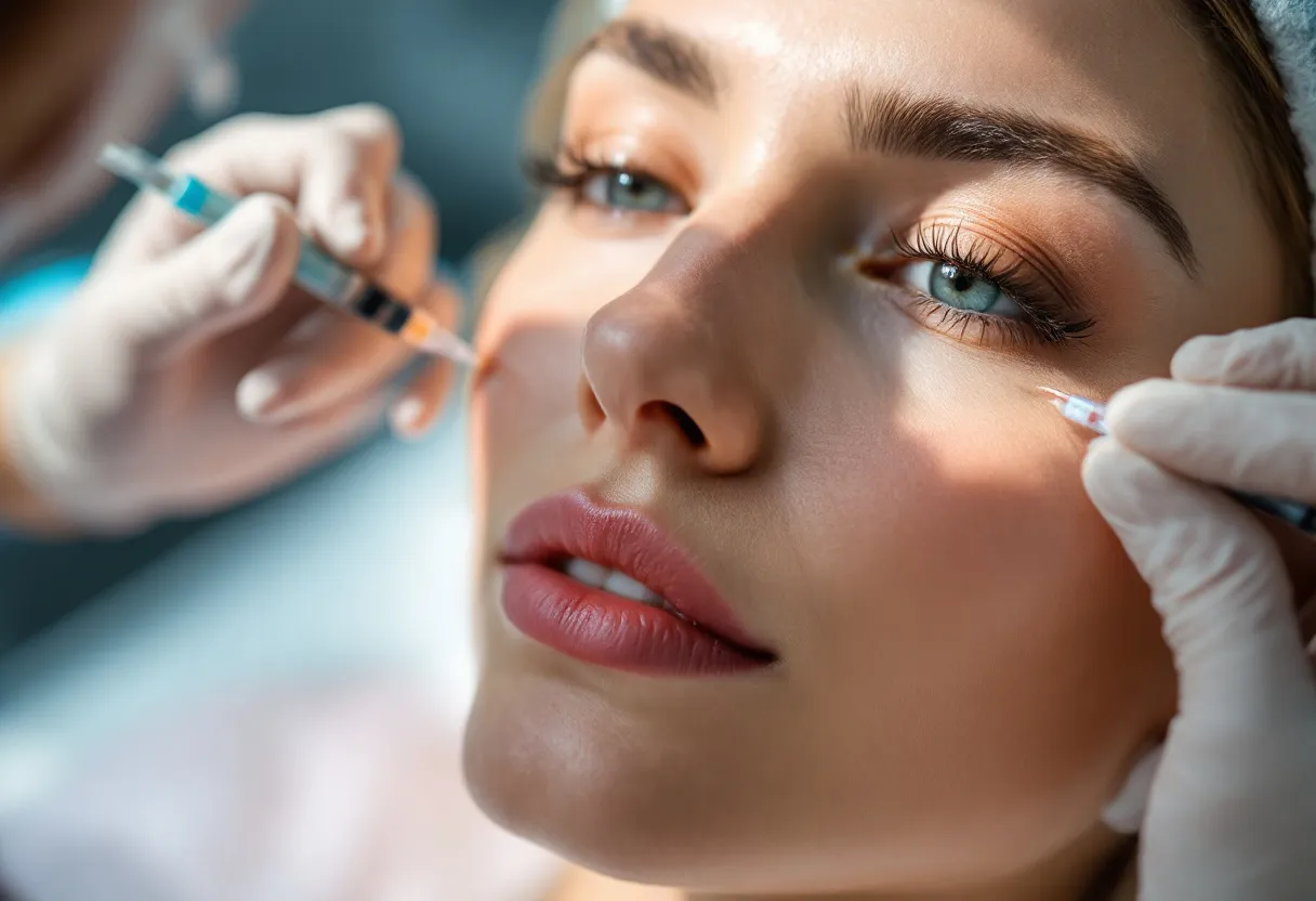 Een close-up van een PRP-injectie in het gezicht van een vrouw van middelbare leeftijd, met steriele handschoenen en een injectiespuit met bloedplasma, in een klinische setting met zacht daglicht.