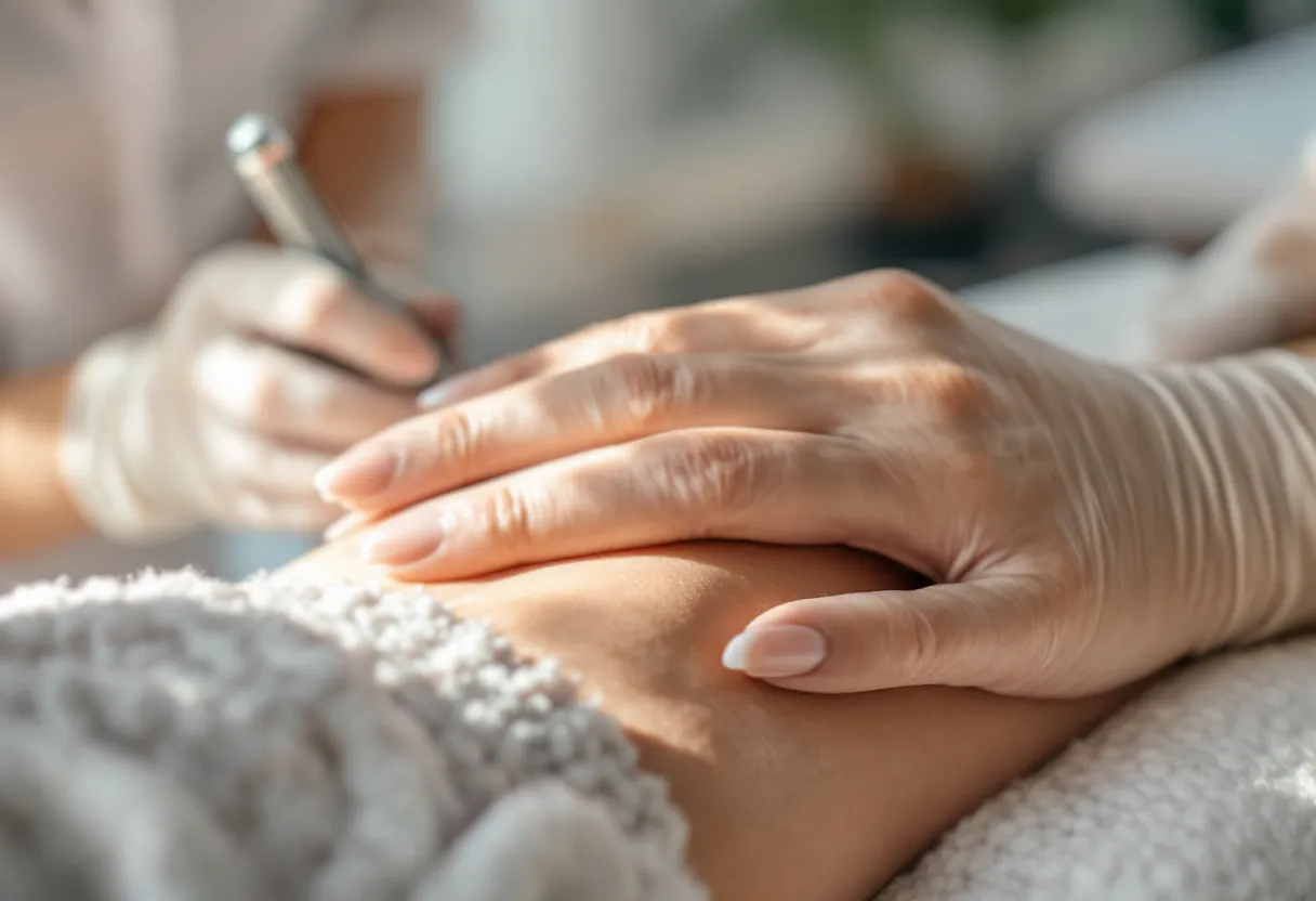 Een fotorealistische close-up van een vrouwelijke hand die voorzichtig een gladde, gezonde huid aanraakt na een cellulitebehandeling, in een serene Belgische kliniekomgeving met zacht daglicht.